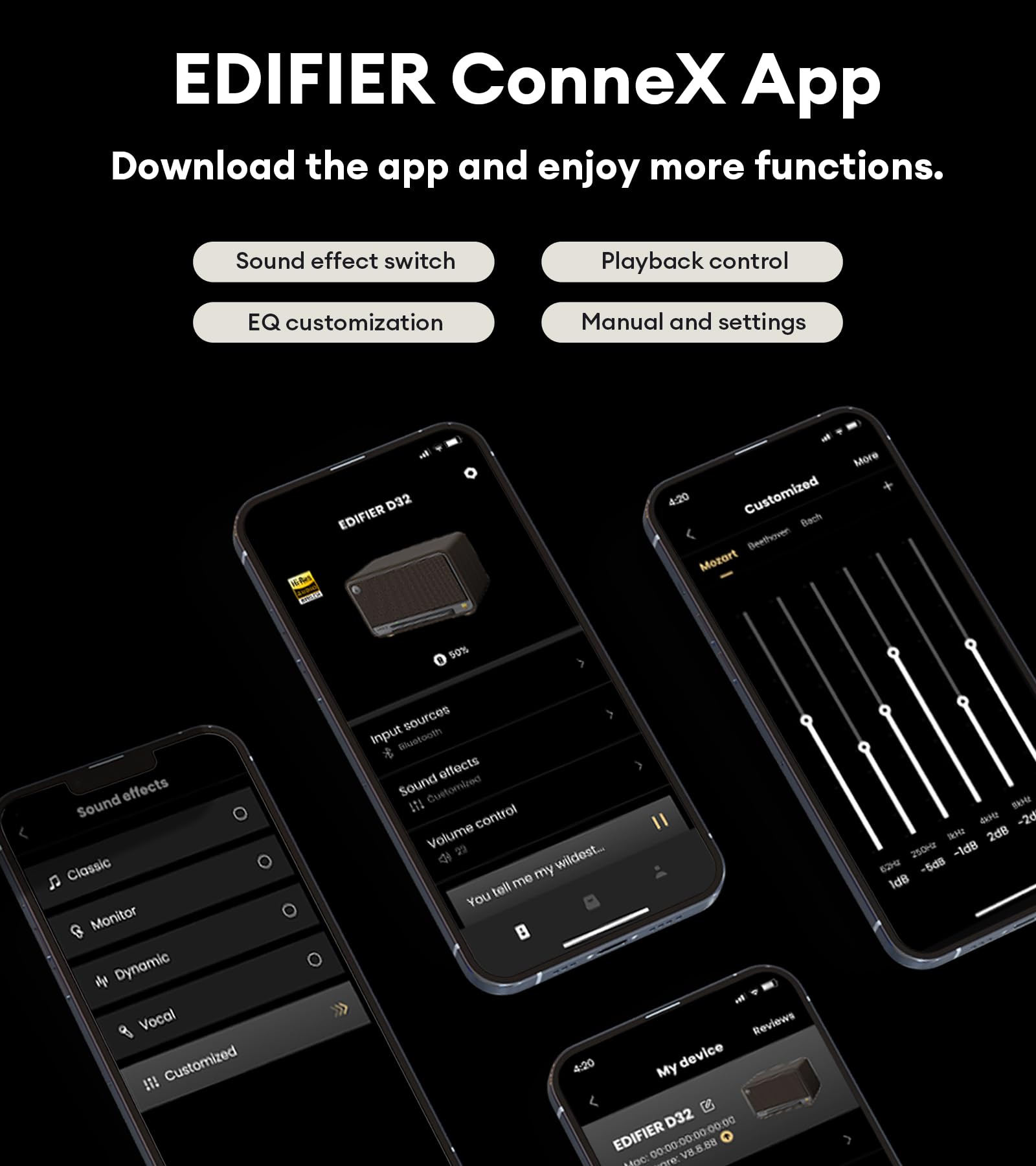 Edifier D32 Tabletop Wireless Speaker, Hi-Res Audio, LDAC, ALAC, 60W (RMS), 2.1 Acoustic Architecture, 11h Playtime, APP Control, Bluetooth 5.3, AirPlay2, USB-C and AUX Inputs, Black Walnut - Image 8