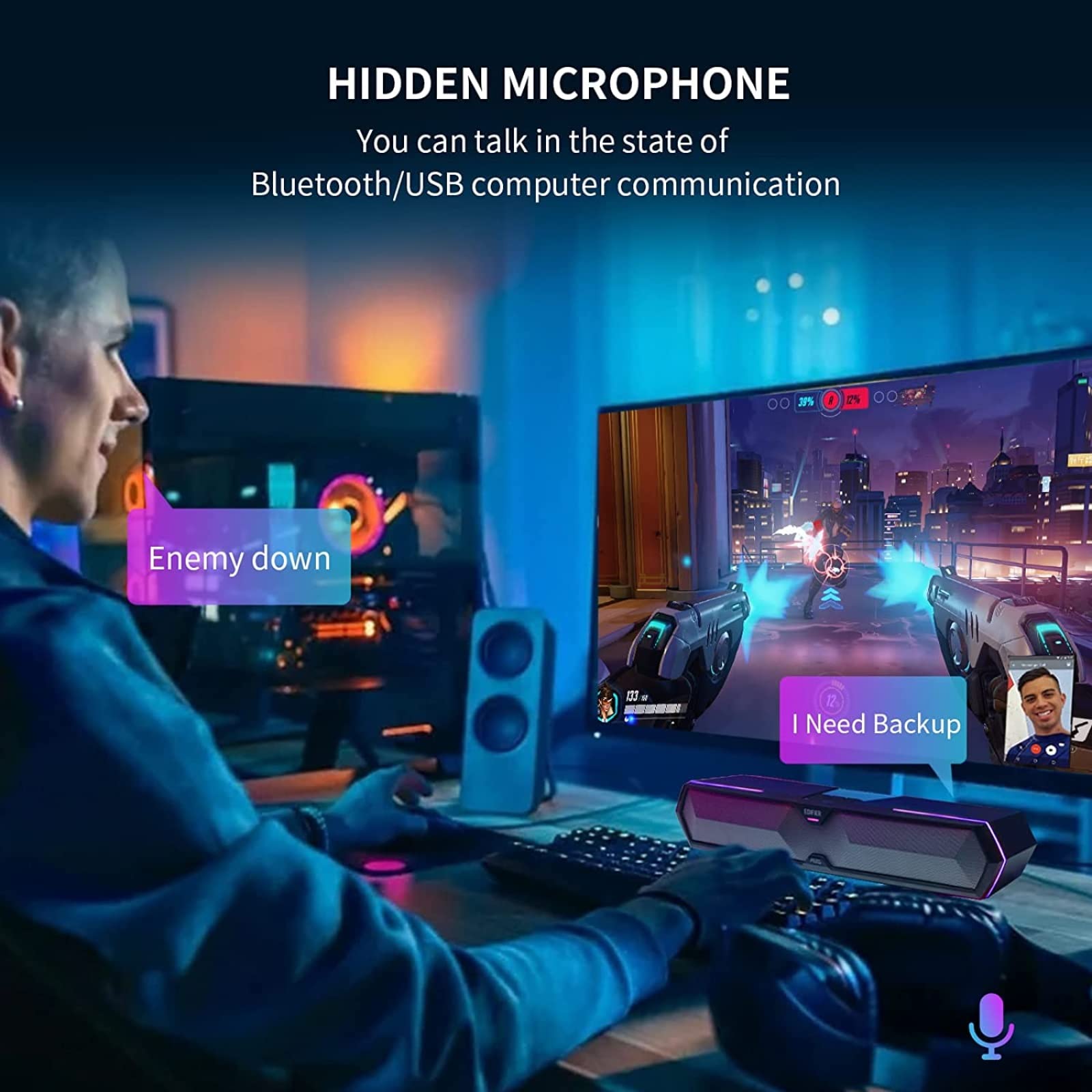 Edifier MG300 Computer Sound Bar: Loud Speakers with Deep Bass - Switch RGB Built-in Microphone for Gaming Speakers Wireless Bluetooth 5.3 & USB Adapter PC Sound Bar for Desktop - Image 3