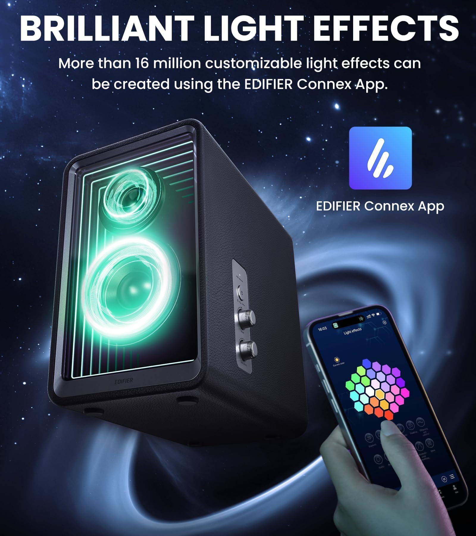 Edifier QR65 Desktop Active Monitor with 2.75" Long-Throw Aluminum Diaphragm mid-Low Drivers, Hi-Res Audio, Brilliant Light Effects, 70W Output Power Bluetooth Speakers with Stands - Black - Image 5