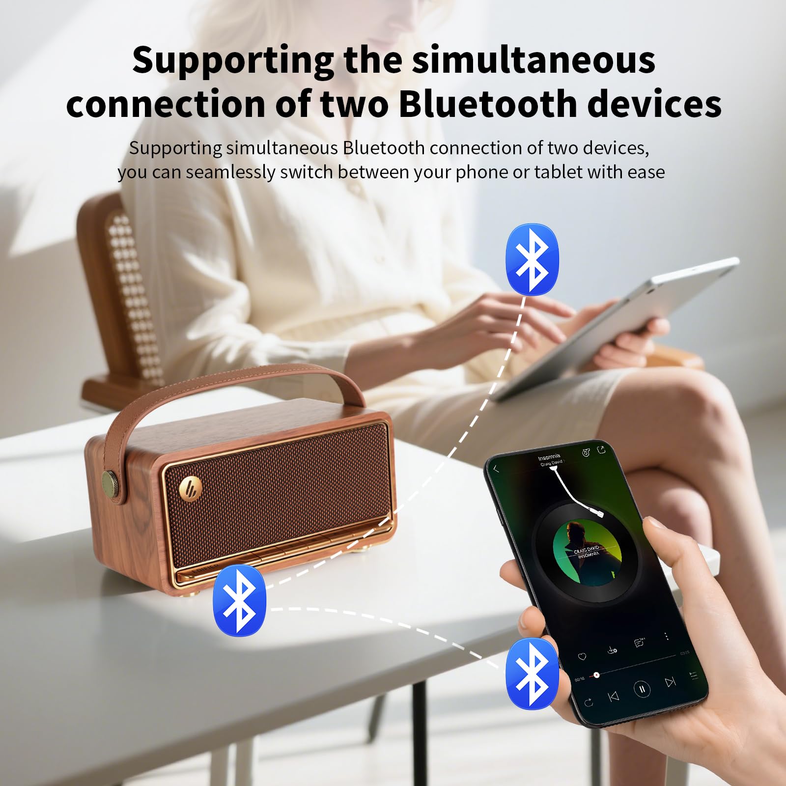 Edifier Retro Wood Bluetooth Speaker, Wireless Portable Speakers with 40W Hi-Res Audio, Stereo Pairing ConneX App, USB and TF Card Brown - Image 6
