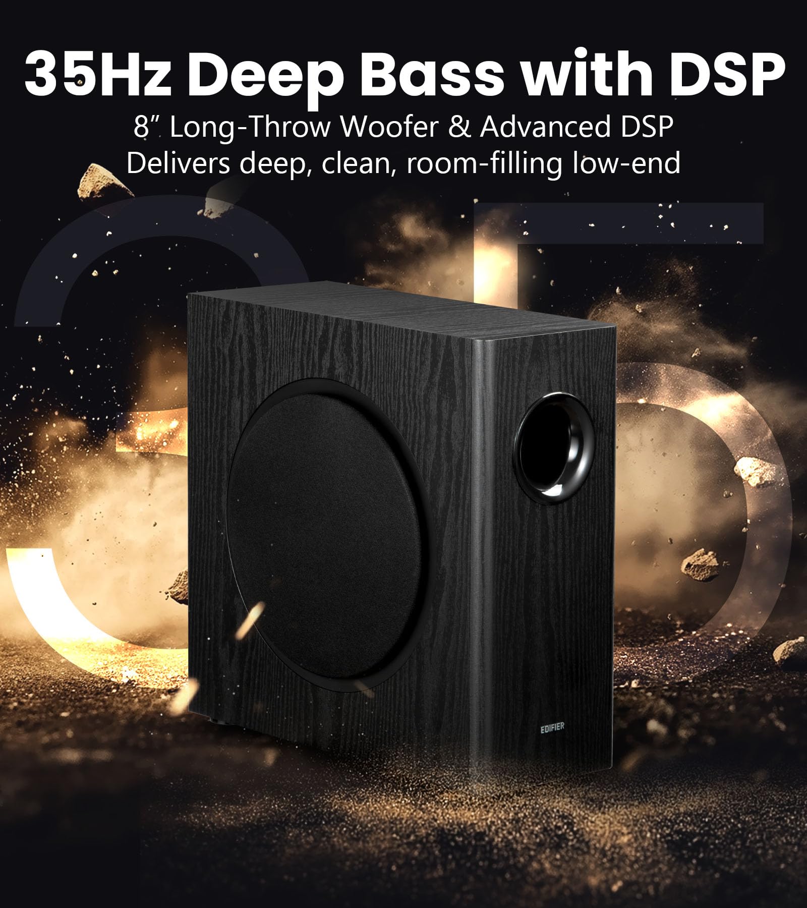 Edifier T5s Powered Active Subwoofer with 70W RMS, 8" Long-Throw Woofer, Deep Bass (35Hz) Speaker, Built-in Amp, Low Distortion, Phase Selector & Energy-Efficient for Home & Studio Audio, Black - Image 3