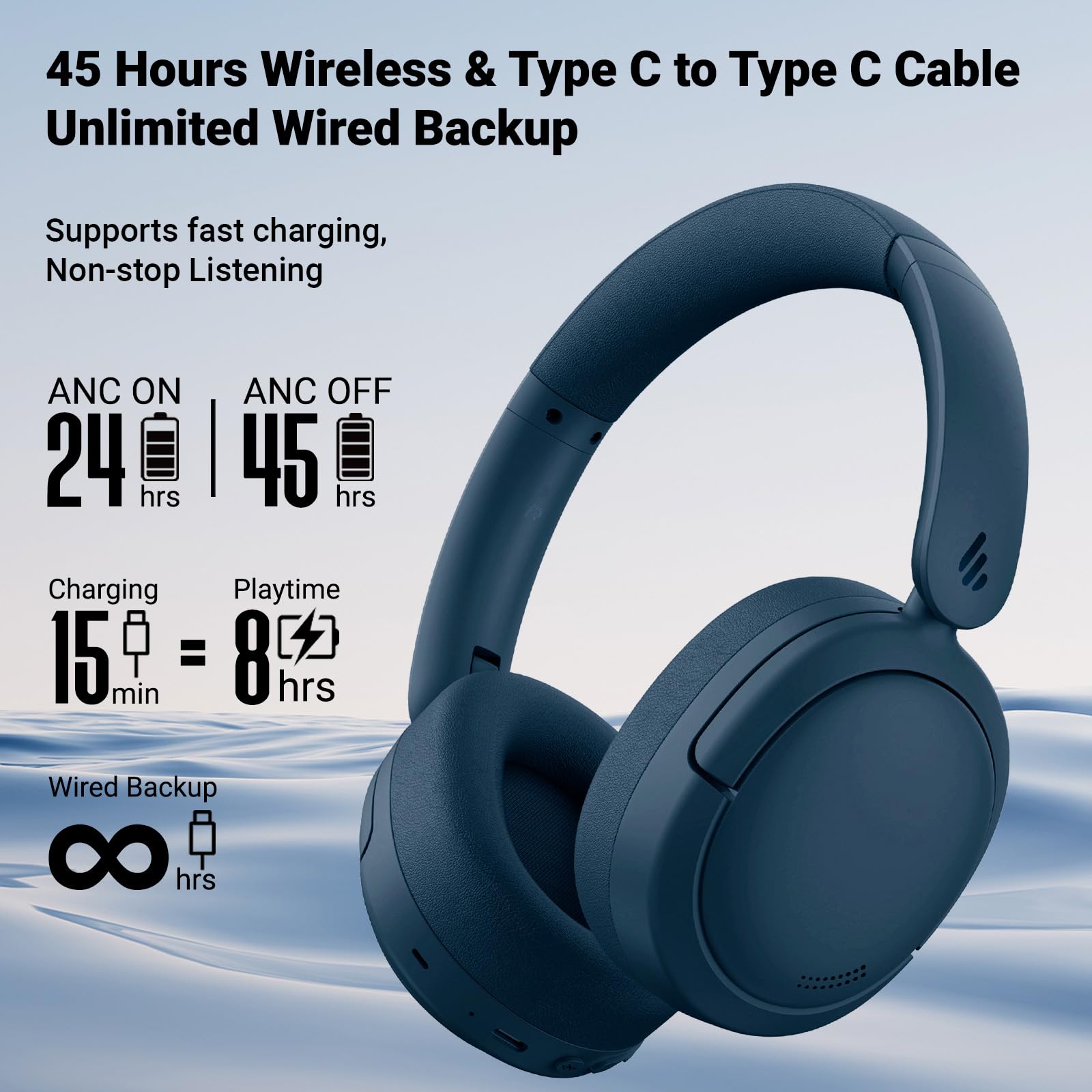 Edifier V80 Hybrid Active Noise Cancelling Headphones, True Wireless Over Ear Bluetooth Headset with 45H Playtime Hi-Res Audio Fast Charging Multipoint Connection for Travel Home Office (Navy) - Image 5